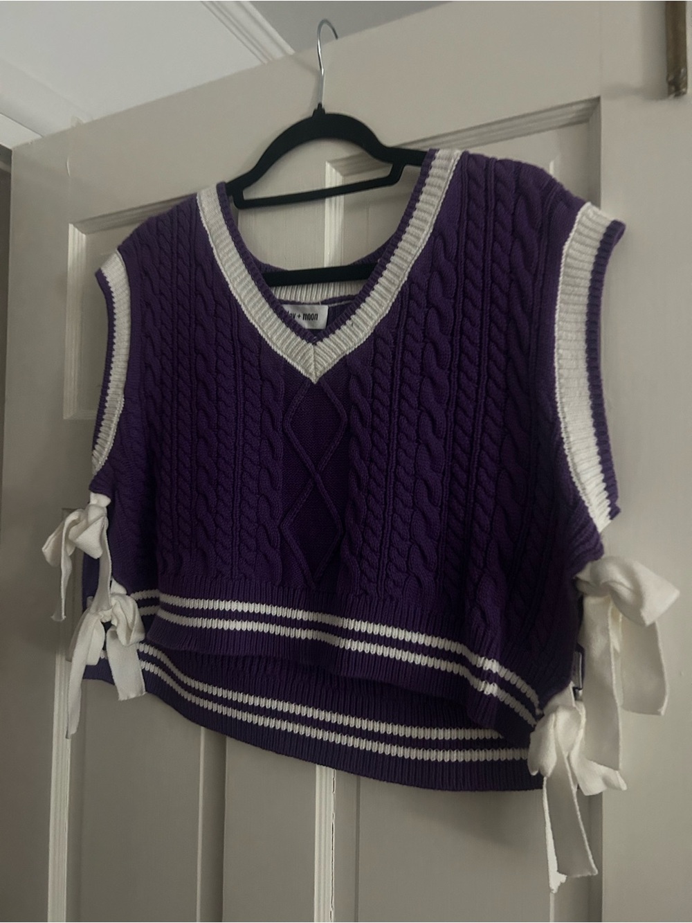 Purple Cable Knit Tie-Side Sweater Vest with White Trim